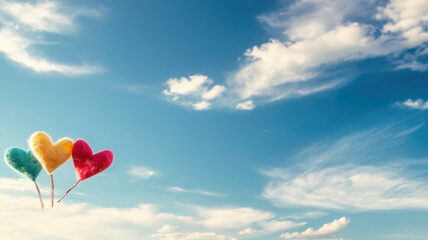 Fototapeta premium Colorful hearts against bright blue sky create cheerful atmosphere
