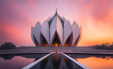 Close-up of Lotus Temple in Delhi with Pastel Sky Background