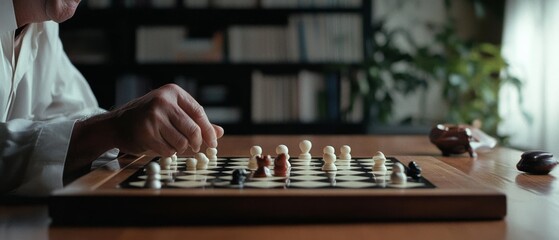 Focused contemplation as a hand strategically places a chess piece, capturing the essence of strategy and intellect in a sunlit room.