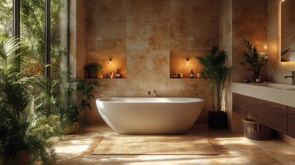 modern bathroom featuring freestanding tub, natural light, and lush greenery. warm tones and elegant design create serene and inviting atmosphere