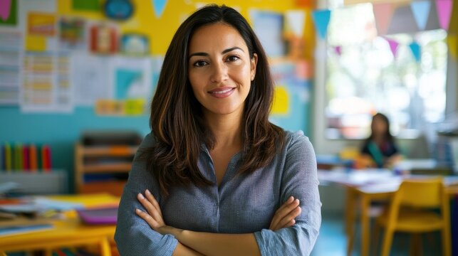 A vibrant Latina teacher in her mid-30s stands confidently in a colorful classroom, embodying positivity and dedication to education, inspiring her students.