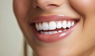 Obraz premium A close-up of a smiling woman showcasing bright, healthy teeth and a natural lip color, conveying confidence and happiness.