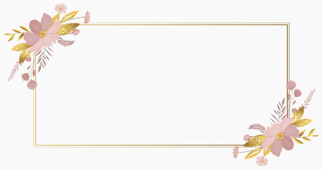 Empty botanical frame with golden leaves and pink flowers. Delicate design, template for voucher, coupon. Promo or flyer offer