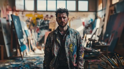 This portrait features a young European male artist surrounded by vibrant paint in a messy studio, showcasing his creativity and passion for art.