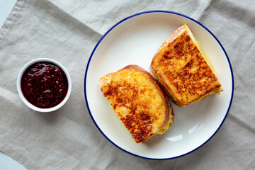 Homemade French Monte Cristo Sandwich with Raspberry Jam, top view.