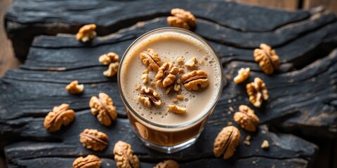 Fototapeta premium Frothy beverage in a glass topped with walnuts on a textured dark surface.