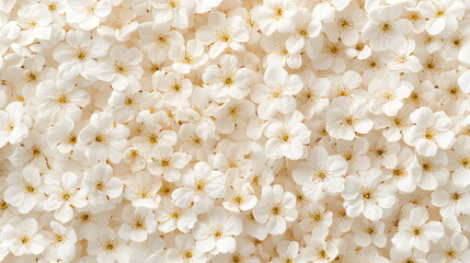 White cherry blossoms covering a soft surface in a delicate floral arrangement