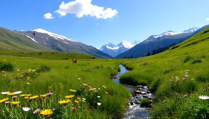 Fototapeta premium Vibrant Wildflower Meadow And Stream In Mountain Valley
