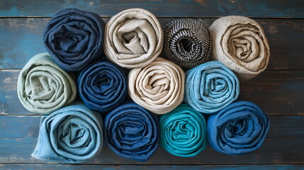 Rolled fabric in a variety of colors neatly arranged on a wooden surface background.
