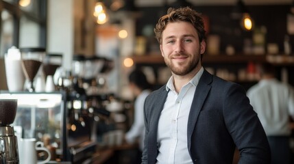 Fototapeta premium A young Caucasian man in his thirties stands confidently in a bustling caf?, exuding charm and warmth while enjoying the coffee shop environment.