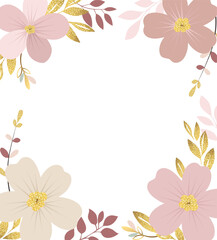 Empty botanical frame with leaves and pink flowers. Delicate design, template for voucher, coupon. Promo or flyer offer