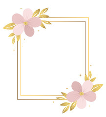 Obraz premium Empty botanical frame with golden leaves and pink flowers. Gentle botanical template, frame, invitation
