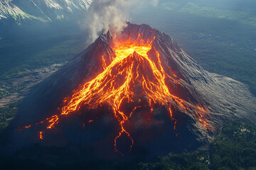 Fototapeta premium Volcanic eruption displays glowing lava flows on mountains at dawn