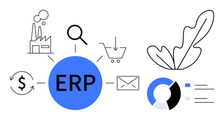 Central ERP circle with line connections to an industrial factory, magnifying glass, shopping cart, dollar sign, envelope, graphs, and plant. Ideal for efficiency, process management business