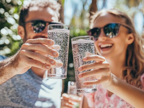 A cheerful family toasting with sparkling water during a relaxed backyard picnic.