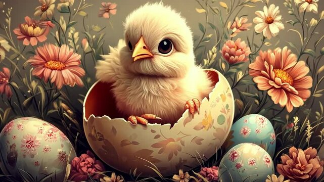 Adorable chick in floral egg shell with decorative easter eggs Happy Easter