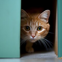 Curious orange tabby cat peeking out from behind a wooden doorway, with watchful, captivating eyes and a cautious, protective expression. The feline is hiding in a safe, cozy indoor environment.