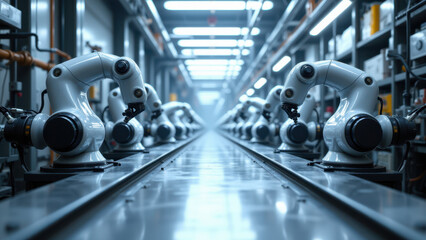 Obraz premium Industrial robots working together on a factory floor.