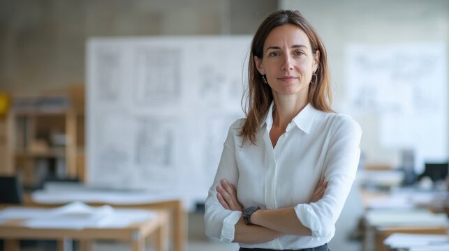 Portrait of a confident female architect in a modern office, highlighting her professional demeanor and creativity in architectural design and innovative projects.