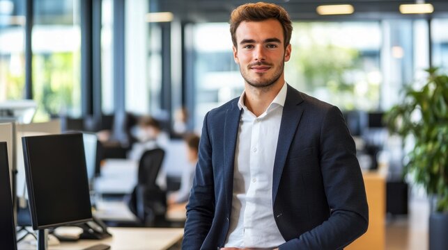 A young European man poses confidently in a modern office environment. He exudes professionalism and charm, making this portrait ideal for business-related projects.