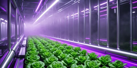 a futuristic hydroponic farm bathed in purple led lighting rows of crisp lettuce growing in vertical towers misty atmosphere clean technological aesthetic