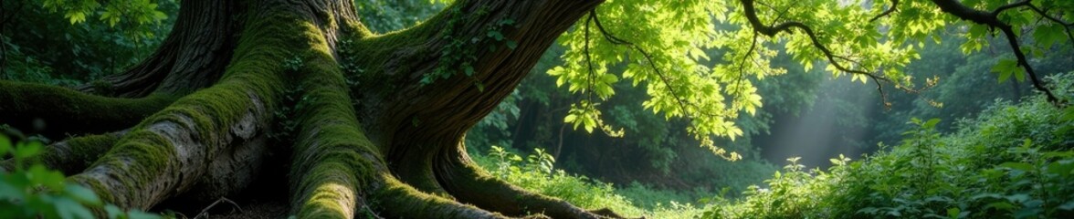 Fototapeta premium Vines and creepers twist up ancient tree trunks, growth, overgrowth, gnarled
