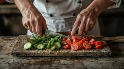 Chef slicing fresh vegetables on wooden board