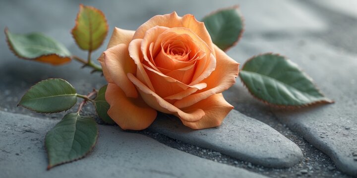 Single orange rose lying on a gray surface with green leaves.