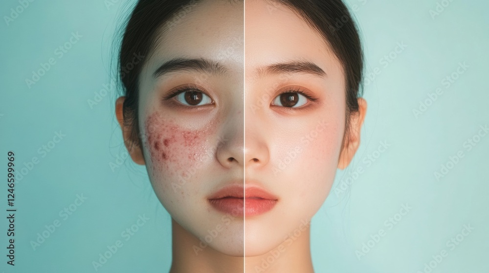Poster comparison of two skin conditions highlighting acne and redness on one side and smooth, healthy skin