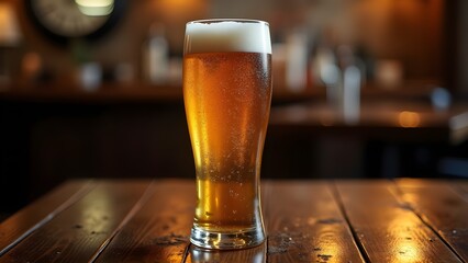 Refreshing Glass of Cold Beer, Golden Ale with Bubbles and Foam, Bubbly Lager on a Wooden Table, Classic Pint of Draft Beer. 