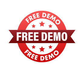Red Free Demo Label with Ribbon and Stars Promoting Trial Access