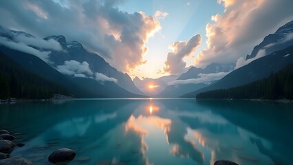 Tranquil Mountain Lake at Sunset, Stunning Natural Reflection, Wallpaper, Serene Mountain Lake at Sunset , Breathtaking Nature Landscape