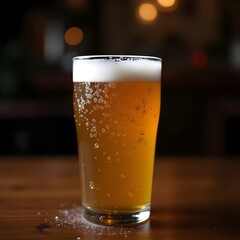 Refreshing Glass of Cold Beer, Golden Ale with Bubbles and Foam, Bubbly Lager on a Wooden Table, Classic Pint of Draft Beer. 