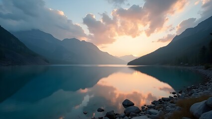 Tranquil Mountain Lake at Sunset, Stunning Natural Reflection, Wallpaper, Serene Mountain Lake at Sunset , Breathtaking Nature Landscape