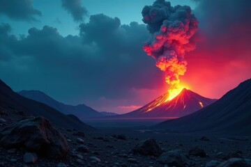 Volcanic ash clouds illuminate the dark skies amidst a rugged landscape, mysterious, natural, volcanoes