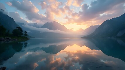 Tranquil Mountain Lake at Sunset, Stunning Natural Reflection, Wallpaper, Serene Mountain Lake at Sunset , Breathtaking Nature Landscape