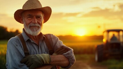 Fototapeta premium An elderly male farmer stands smiling in work gloves during sunset. His warm demeanor and the vibrant landscape capture the essence of rural life and dedication to agriculture.