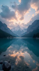 Tranquil Mountain Lake at Sunset, Stunning Natural Reflection, Wallpaper, Serene Mountain Lake at Sunset , Breathtaking Nature Landscape