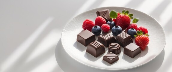 A plate of assorted chocolates with berries on top