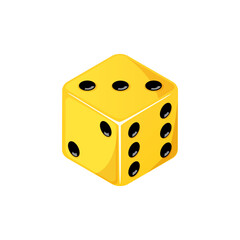 Game dice, yellow dice with the number three side coming up. Dice cube icon isolated on white background.