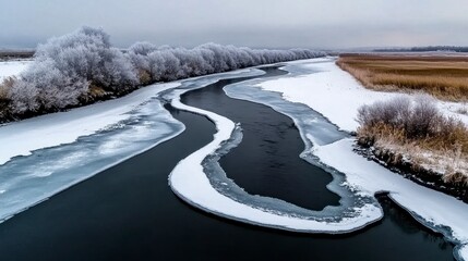 Aerial View of a Snow Covered River in Winter