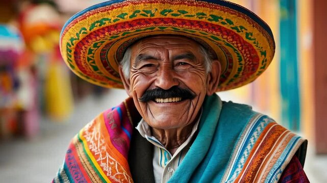 Elderly hispanic man in traditional mexican attire smiling outdoors Happy Cinco de mayo