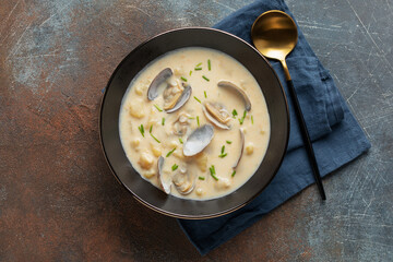 Clam chowder. Traditional American seafood cream soup. Top view
