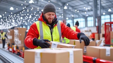 Warehouse worker in bright yellow vest organizing packages in busy distribution center illuminated with festive lights during holiday season