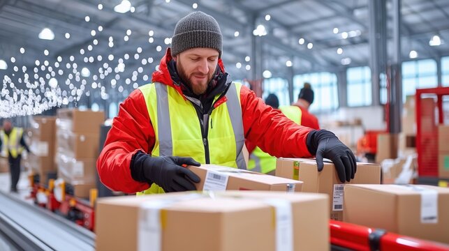 Warehouse worker in bright yellow vest organizing packages in busy distribution center illuminated with festive lights during holiday season