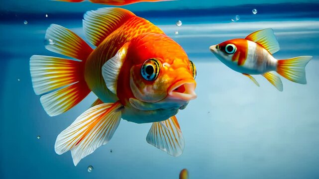 Speaking goldfish with expressive eyes in vibrant aquarium. Animated underwater scene with surreal fish interaction. Dynamic aquatic scene