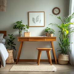 Desk, plants, bedroom corner