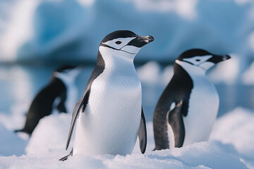Obraz premium Chinstrap penguins pair standing in the snow ice in Antarctica.