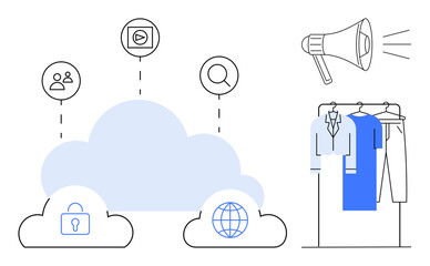 Cloud icons with lock, globe, user, search, video, along with megaphone and clothing rack with shirts. Ideal for tech, fashion, marketing digital media education e-commerce business strategy