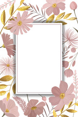 Gentle floral template for greeting card, invitation. Empty botanical frame with golden leaves and pink flowers.